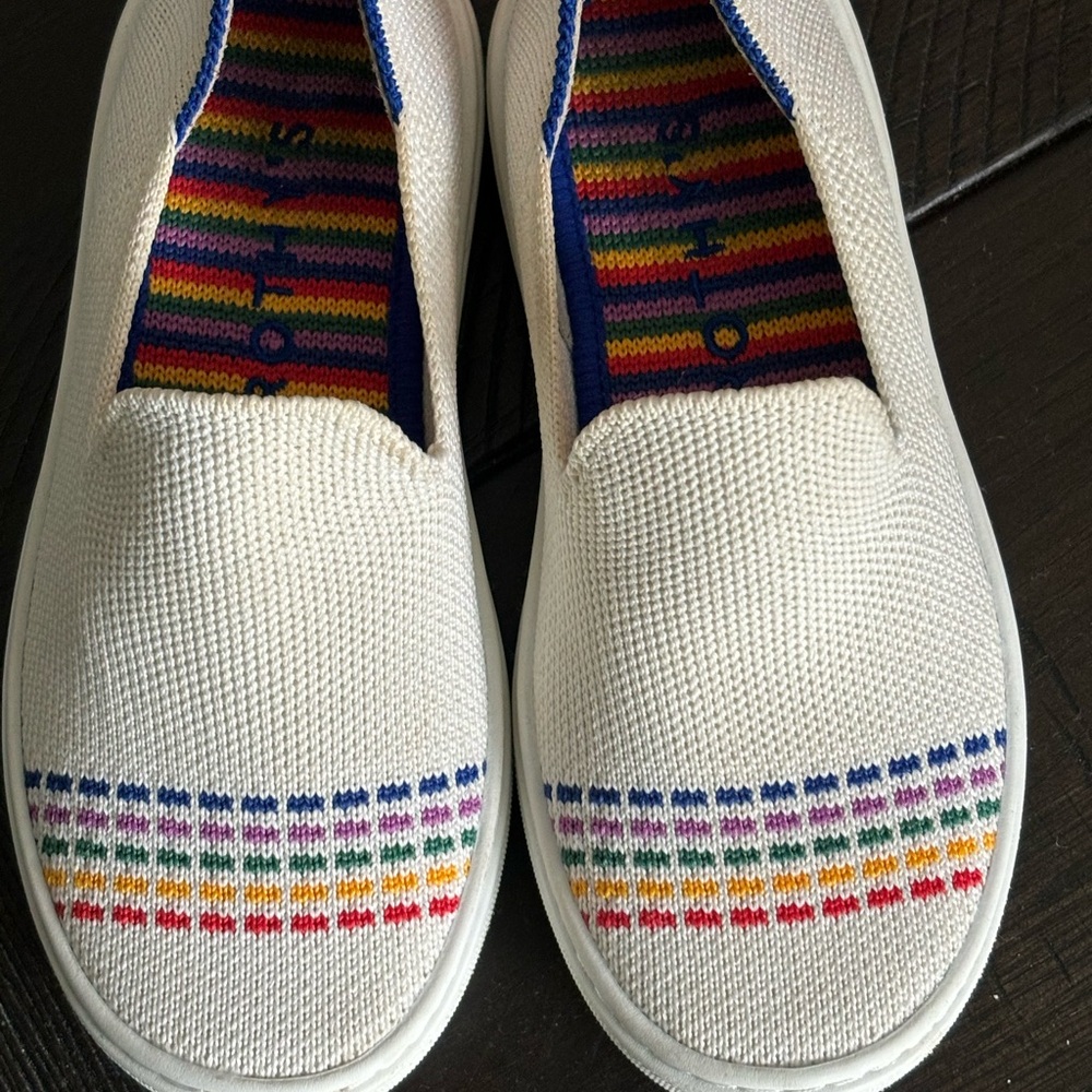 Rothy’s  toddler slip ons rainbow and white sz 11